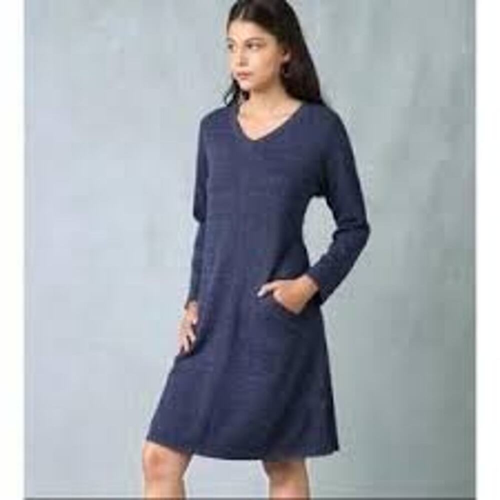 Soft Surroundings Size Small Sweater Dress Navy Cotton Blend Pockets Long Sleeve